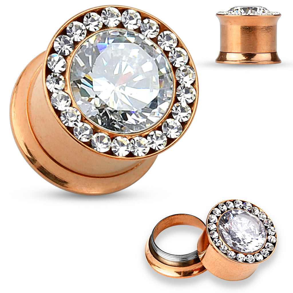 Cubic Zirconia Pave Rose Gold Surgical Steel Screw Fit Tunnel - 2g to 1/2"