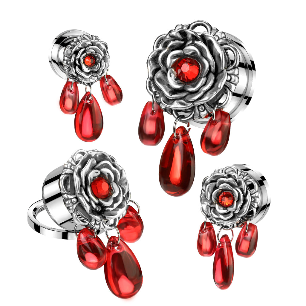 Red Flower Dangle Surgical Steel Screw Fit Tunnel - 2g to 5/8"