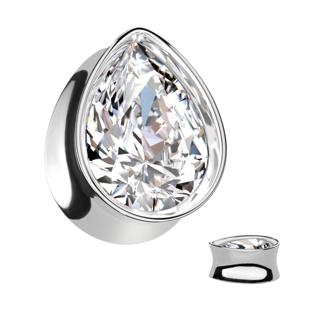Cubic Zirconia Teardrop Surgical Steel Tunnel - 0g to 5/8"