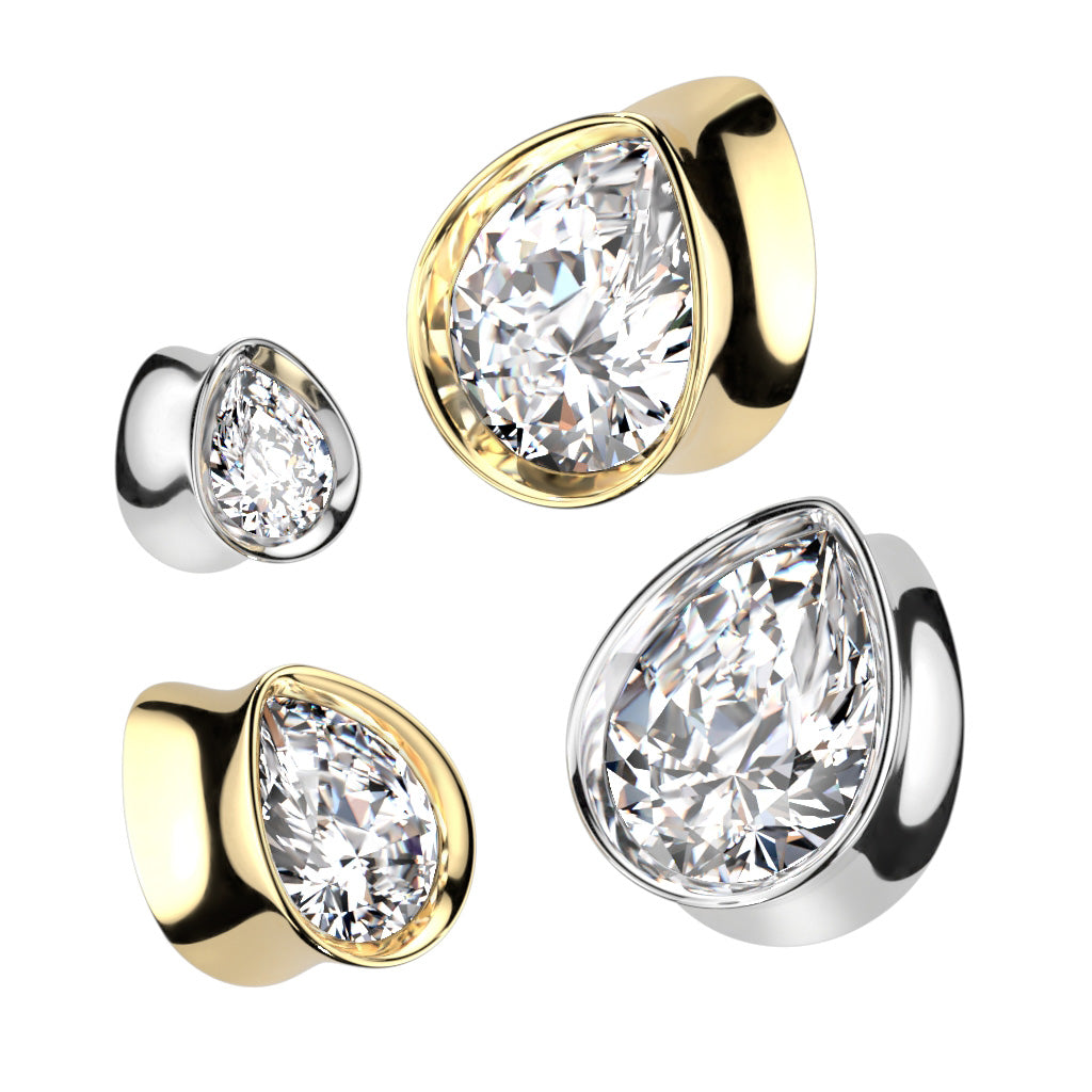 Cubic Zirconia Teardrop Surgical Steel Tunnel - 0g to 5/8"