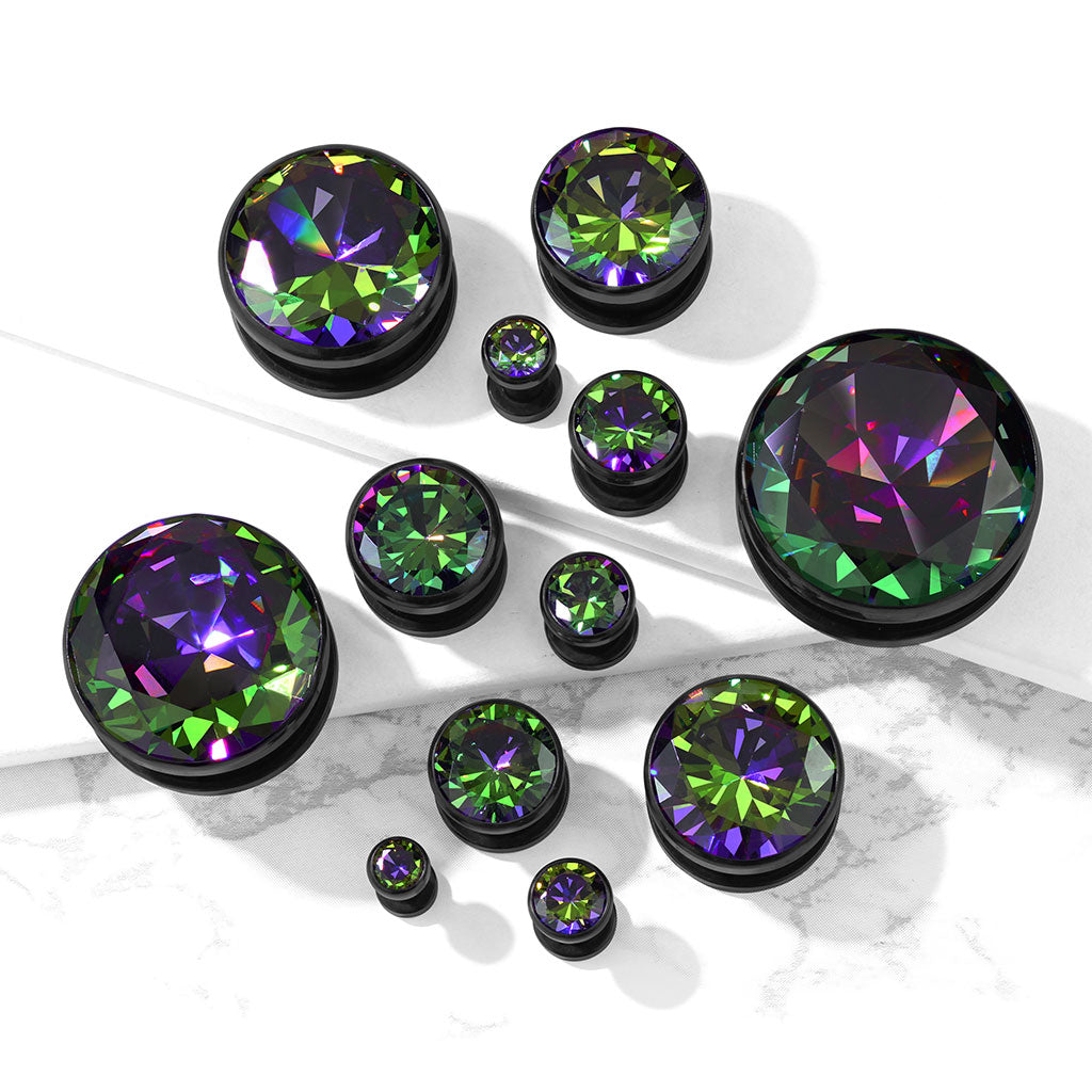 Cubic Zirconia Black Screw Fit Surgical Steel Tunnel - 8g to 1"